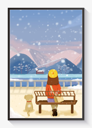 你好一月女孩看雪蓝色小清新插画