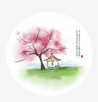 清明节水墨桃花亭子