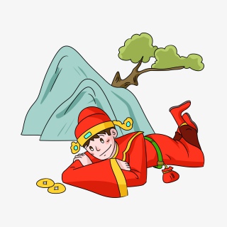 财神爷和假山大树手绘插画