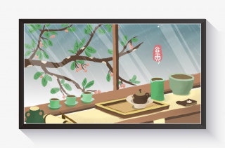 春季卡通小清新谷雨春茶雨景配图
