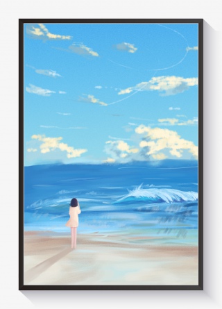 海边五月你好唯美治愈清新手绘少女夏春天