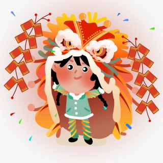 新年春节习俗舞狮子鞭炮扁平可爱装饰