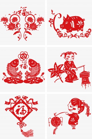 2019年中国风中国红剪纸风花卉金猪灯笼锦鲤