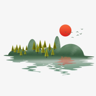 山水山脉水面倒影树林树木太阳飞鸟装饰背景