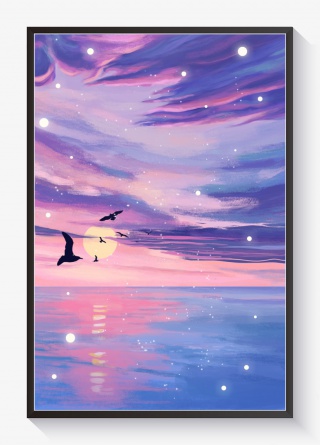 夕阳的天空梦幻插画