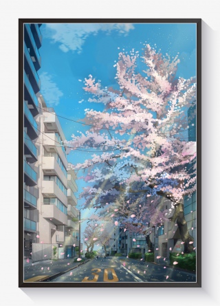 手绘樱花节小区樱花树插画