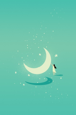 绿色唯美月亮星空下的女孩背景