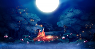 唯美古风手绘插画护肤品化妆品中秋海报背景