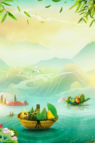简约端午节粽子山水创意背景