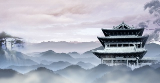 简约水墨古代建筑背景合成